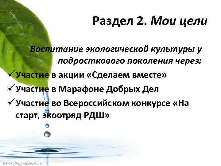 Раздел 2. Мои цели Воспитание экологической культуры у подросткового поколения через: ü Участие в