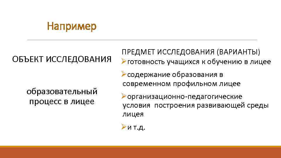 Например ОБЪЕКТ ИССЛЕДОВАНИЯ образовательный процесс в лицее ПРЕДМЕТ ИССЛЕДОВАНИЯ (ВАРИАНТЫ) Øготовность учащихся к обучению