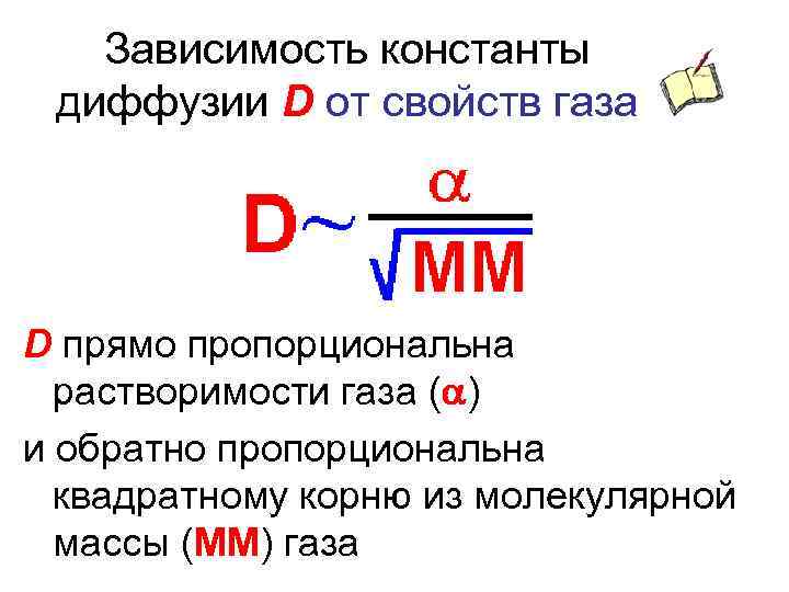 Зависимость константы диффузии D от свойств газа D прямо пропорциональна растворимости газа (a) и