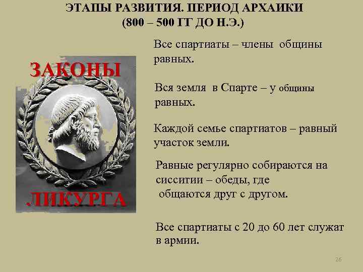 ЭТАПЫ РАЗВИТИЯ. ПЕРИОД АРХАИКИ (800 – 500 ГГ ДО Н. Э. ) ЗАКОНЫ Все