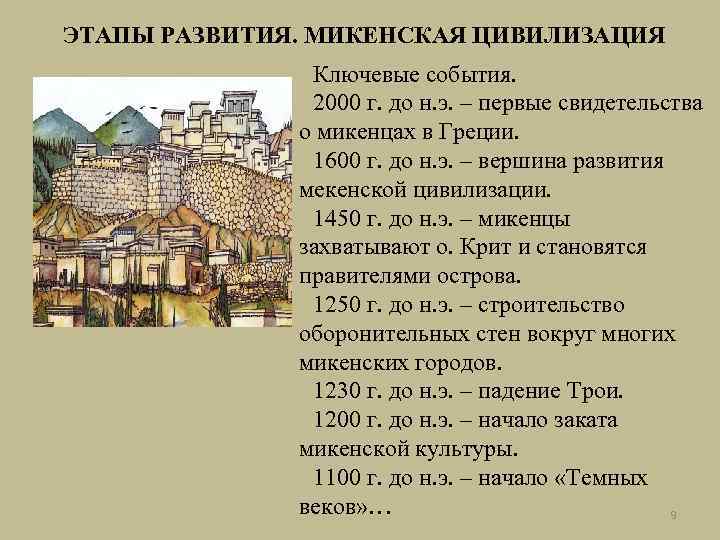 ЭТАПЫ РАЗВИТИЯ. МИКЕНСКАЯ ЦИВИЛИЗАЦИЯ Ключевые события. 2000 г. до н. э. – первые свидетельства