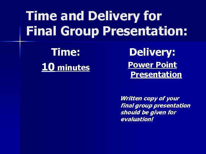 Time and Delivery for Final Group Presentation: Time: 10 minutes Delivery: Power Point Presentation