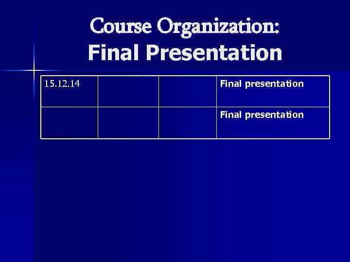 Course Organization: Final Presentation 15. 12. 14 Final presentation 