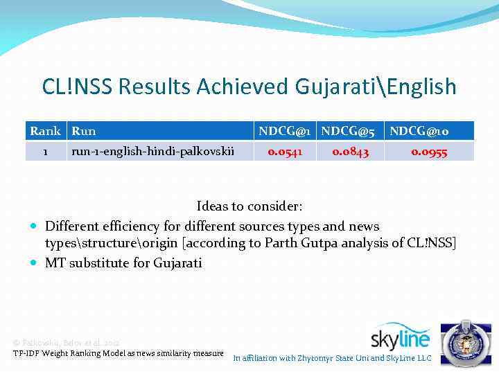 CL!NSS Results Achieved GujaratiEnglish Rank Run 1 NDCG@5 run-1 -english-hindi-palkovskii 0. 0541 0. 0843