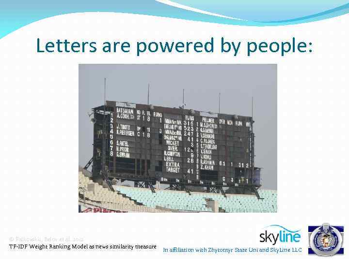 Letters are powered by people: © Palkovskii, Belov et al. 2012 TF-IDF Weight Ranking