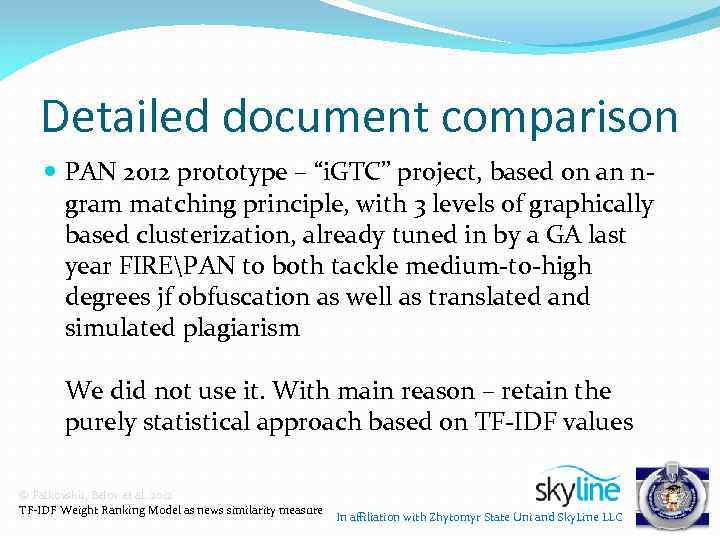 Detailed document comparison PAN 2012 prototype – “i. GTC” project, based on an ngram