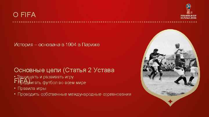 О FIFA История – основана в 1904 в Париже Основные цели (Статья 2 Устава