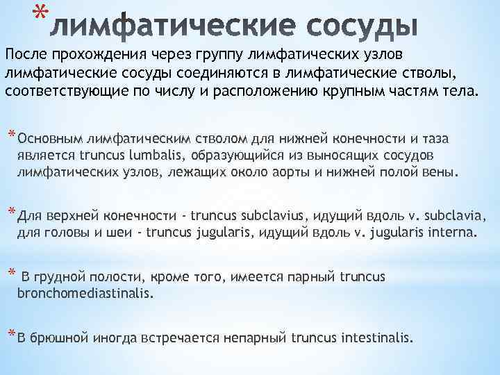 * После прохождения через группу лимфатических узлов лимфатические сосуды соединяются в лимфатические стволы, соответствующие