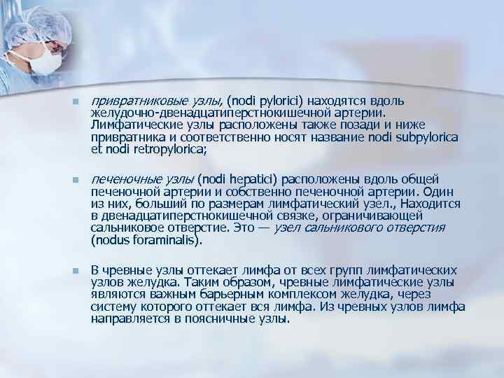 n привратниковые узлы, (nodi pylorici) находятся вдоль n печеночные узлы (nodi hepatici) расположены вдоль