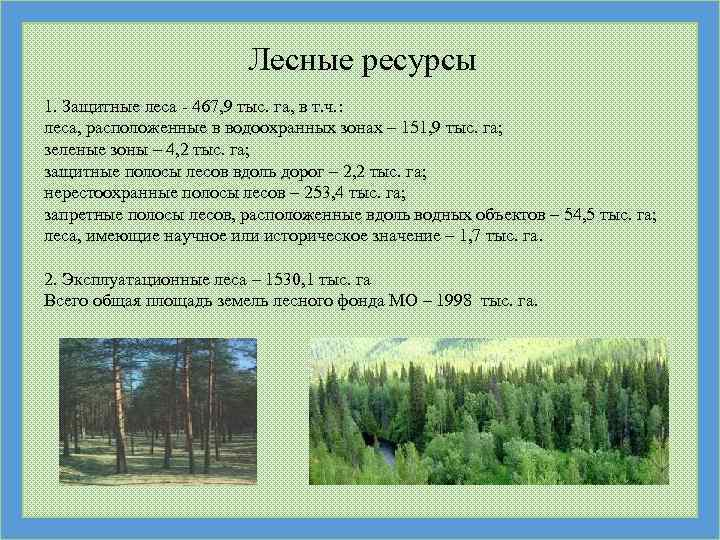 Лесные ресурсы 1. Защитные леса - 467, 9 тыс. га, в т. ч. :