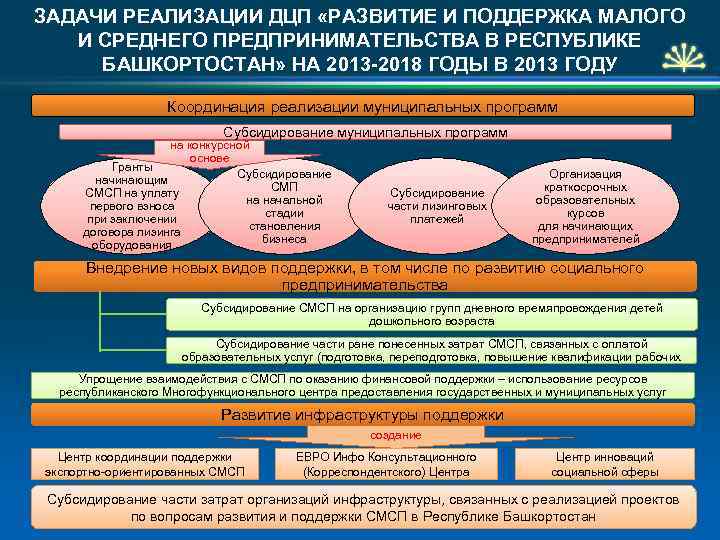 ЗАДАЧИ РЕАЛИЗАЦИИ ДЦП «РАЗВИТИЕ И ПОДДЕРЖКА МАЛОГО И СРЕДНЕГО ПРЕДПРИНИМАТЕЛЬСТВА В РЕСПУБЛИКЕ БАШКОРТОСТАН» НА