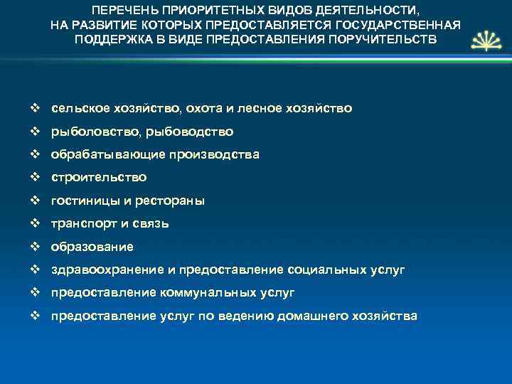 ПЕРЕЧЕНЬ ПРИОРИТЕТНЫХ ВИДОВ ДЕЯТЕЛЬНОСТИ, НА РАЗВИТИЕ КОТОРЫХ ПРЕДОСТАВЛЯЕТСЯ ГОСУДАРСТВЕННАЯ ПОДДЕРЖКА В ВИДЕ ПРЕДОСТАВЛЕНИЯ ПОРУЧИТЕЛЬСТВ