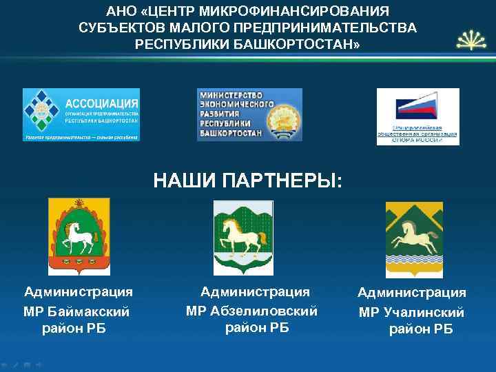АНО «ЦЕНТР МИКРОФИНАНСИРОВАНИЯ СУБЪЕКТОВ МАЛОГО ПРЕДПРИНИМАТЕЛЬСТВА РЕСПУБЛИКИ БАШКОРТОСТАН» НАШИ ПАРТНЕРЫ: Администрация МР Баймакский район