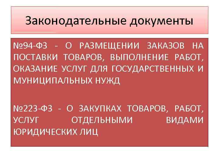 Законодательные документы № 94 -ФЗ - О РАЗМЕЩЕНИИ ЗАКАЗОВ НА ПОСТАВКИ ТОВАРОВ, ВЫПОЛНЕНИЕ РАБОТ,