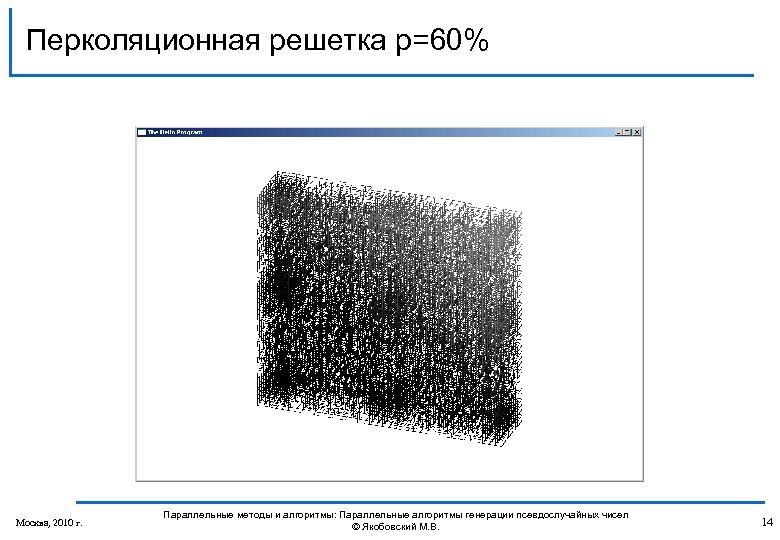 Перколяционная решетка p=60% Москва, 2010 г. Параллельные методы и алгоритмы: Параллельные алгоритмы генерации псевдослучайных