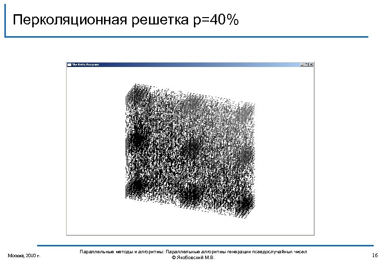 Перколяционная решетка p=40% Москва, 2010 г. Параллельные методы и алгоритмы: Параллельные алгоритмы генерации псевдослучайных
