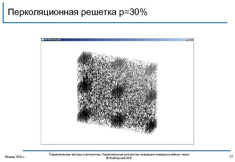 Перколяционная решетка p=30% Москва, 2010 г. Параллельные методы и алгоритмы: Параллельные алгоритмы генерации псевдослучайных