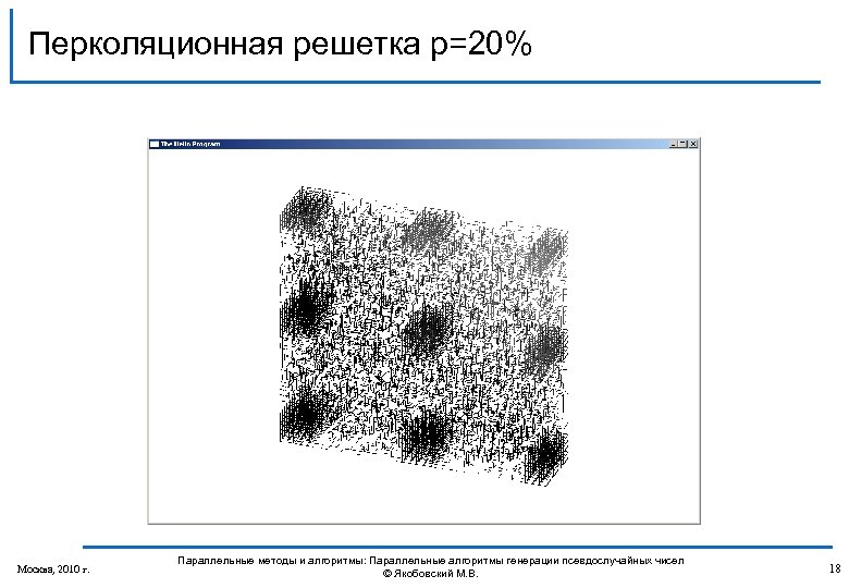 Перколяционная решетка p=20% Москва, 2010 г. Параллельные методы и алгоритмы: Параллельные алгоритмы генерации псевдослучайных