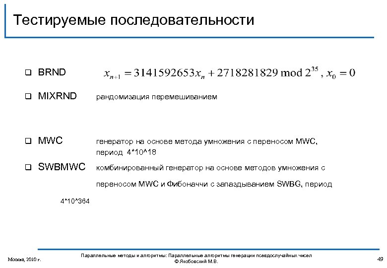 Тестируемые последовательности q BRND q MIXRND рандомизация перемешиванием q MWC генератор на основе метода