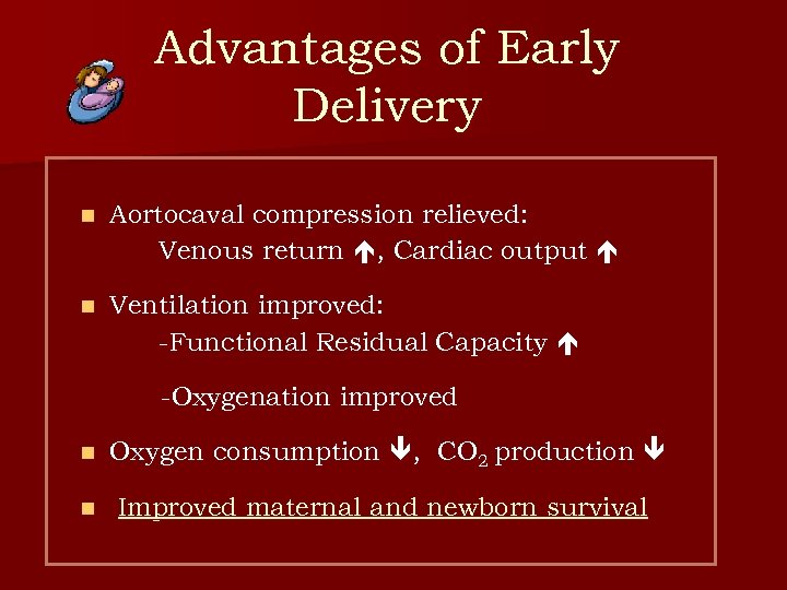 Advantages of Early Delivery n Aortocaval compression relieved: Venous return , Cardiac output n