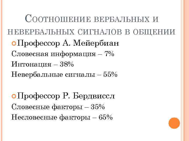 СООТНОШЕНИЕ ВЕРБАЛЬНЫХ И НЕВЕРБАЛЬНЫХ СИГНАЛОВ В ОБЩЕНИИ Профессор А. Мейербиан Словесная информация – 7%