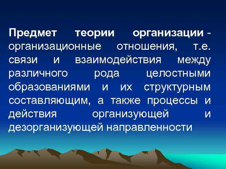 Предмет теории организации - организационные отношения, т. е. связи и взаимодействия между различного рода