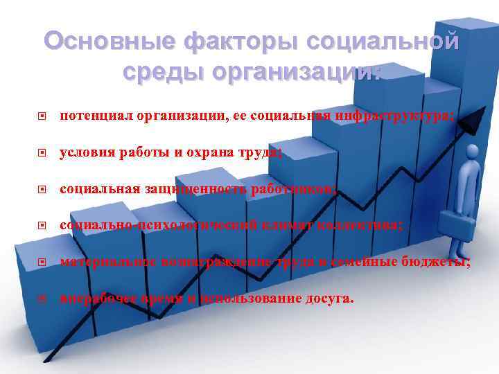 Основные факторы социальной среды организации: потенциал организации, ее социальная инфраструктура; условия работы и охрана