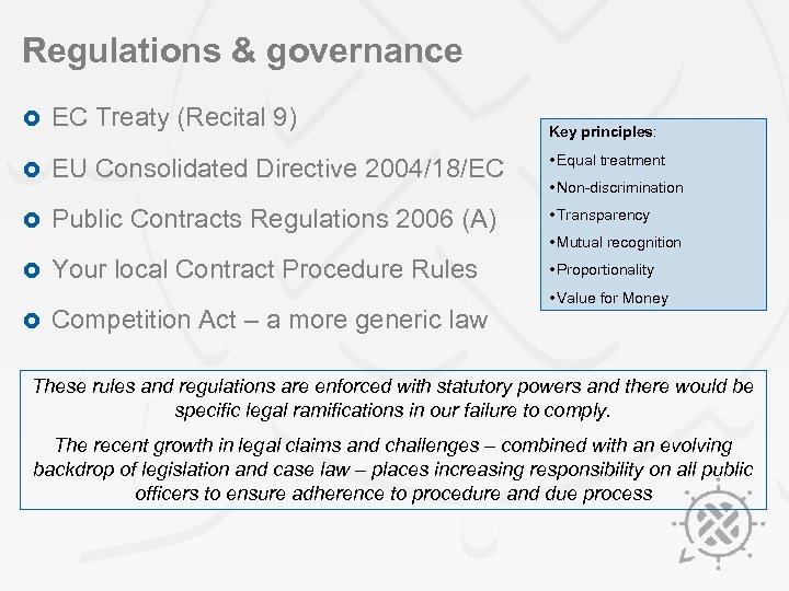 Regulations & governance £ EC Treaty (Recital 9) £ EU Consolidated Directive 2004/18/EC •