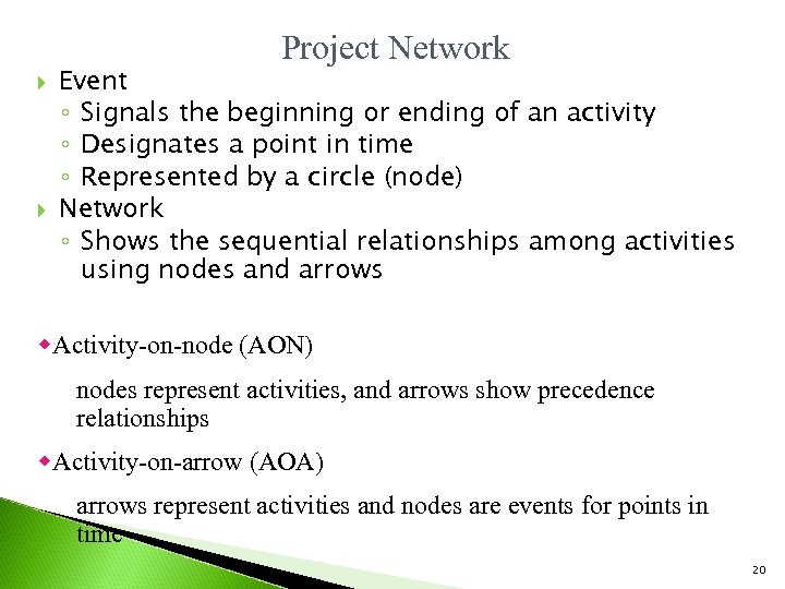 Project Network Event ◦ Signals the beginning or ending of an activity ◦ Designates
