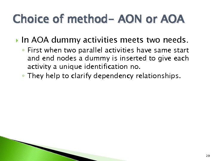 Choice of method- AON or AOA In AOA dummy activities meets two needs. ◦