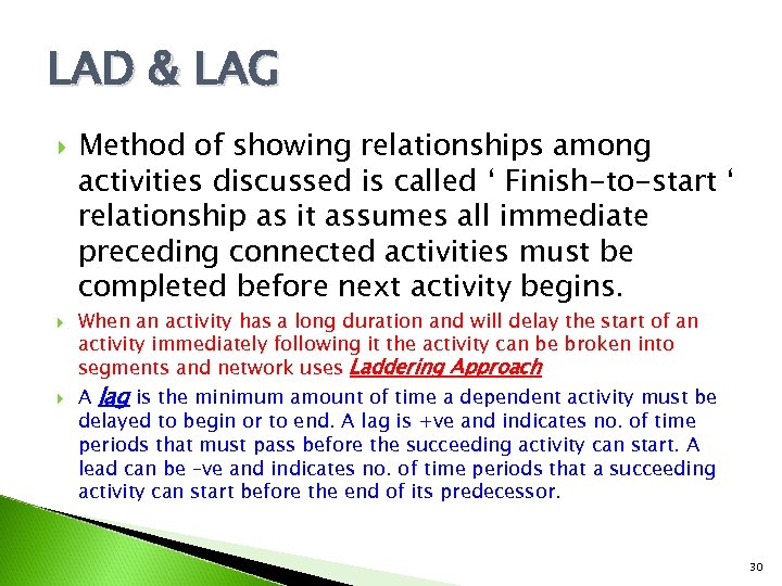 LAD & LAG Method of showing relationships among activities discussed is called ‘ Finish-to-start