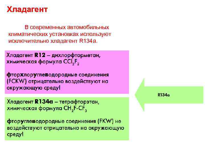 Хладагент В современных автомобильных климатических установках используют исключительно хладагент R 134 a. 
