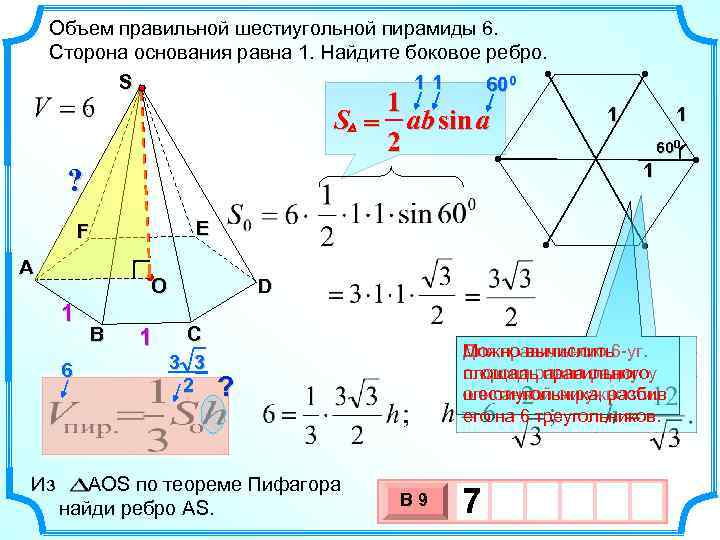 Объем правильной шестиугольной пирамиды 6. Сторона основания равна 1. Найдите боковое ребро. S 11