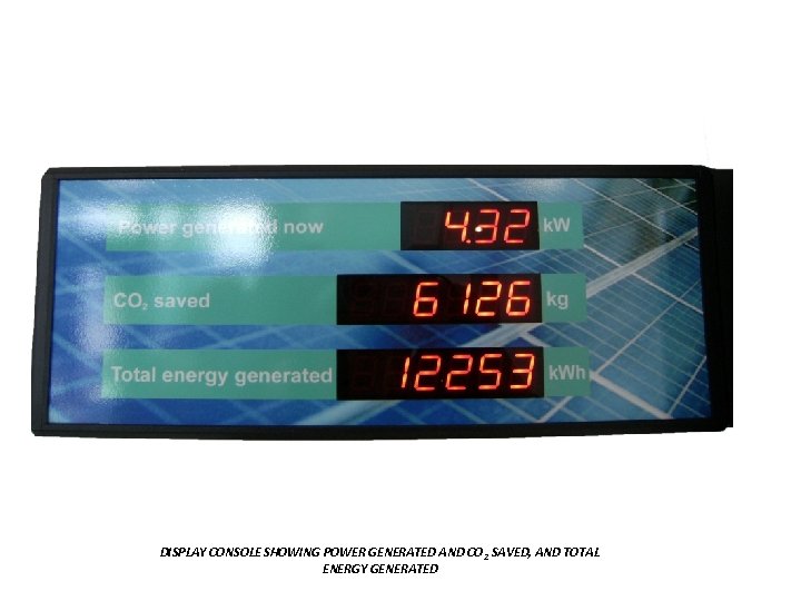 DISPLAY CONSOLE SHOWING POWER GENERATED AND CO 2 SAVED, AND TOTAL ENERGY GENERATED 