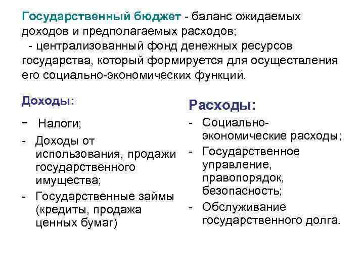 Государственный бюджет - баланс ожидаемых доходов и предполагаемых расходов; - централизованный фонд денежных ресурсов