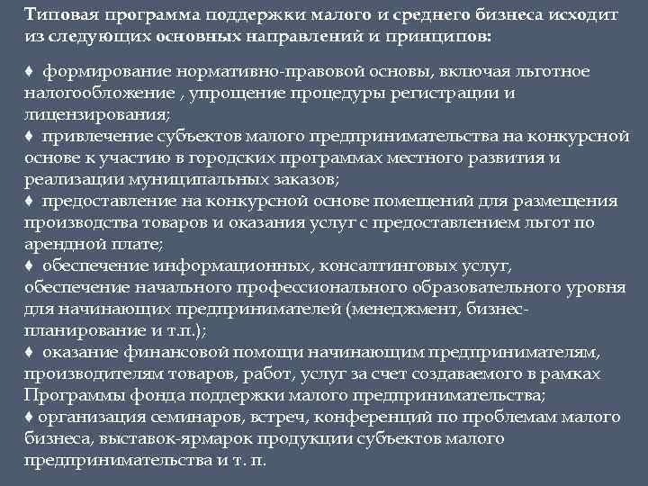 Типовая программа поддержки малого и среднего бизнеса исходит из следующих основных направлений и принципов:
