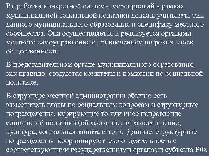 Разработка конкретной системы мероприятий в рамках муниципальной социальной политики должна учитывать тип данного муниципального