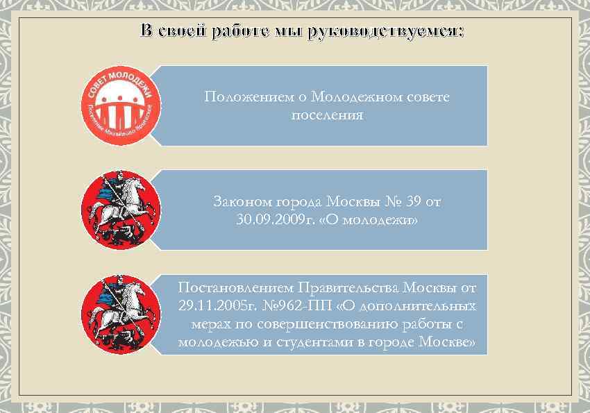 В своей работе мы руководствуемся: Положением о Молодежном совете поселения Законом города Москвы №