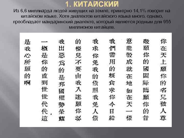 1. КИТАЙСКИЙ Из 6, 6 миллиарда людей живущих на земле, примерно 14, 1% говорит