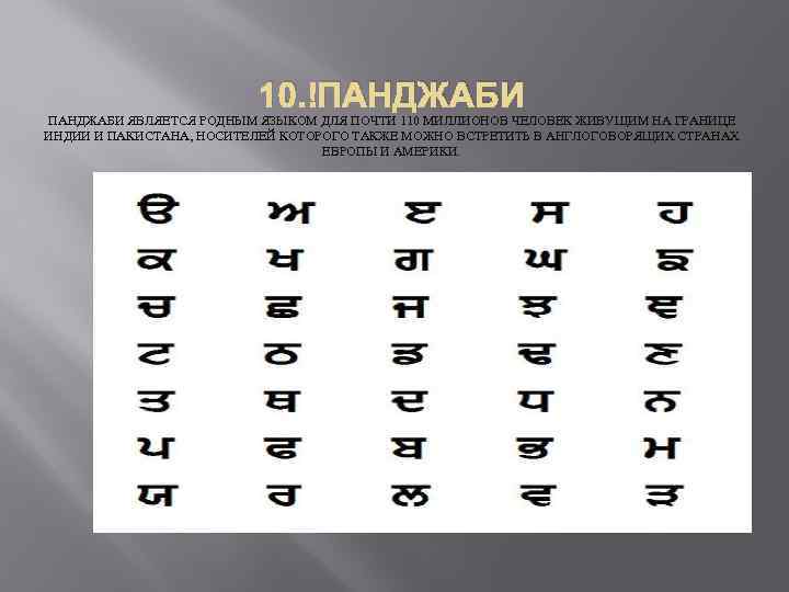 10. ПАНДЖАБИ ЯВЛЯЕТСЯ РОДНЫМ ЯЗЫКОМ ДЛЯ ПОЧТИ 110 МИЛЛИОНОВ ЧЕЛОВЕК ЖИВУЩИМ НА ГРАНИЦЕ ИНДИИ