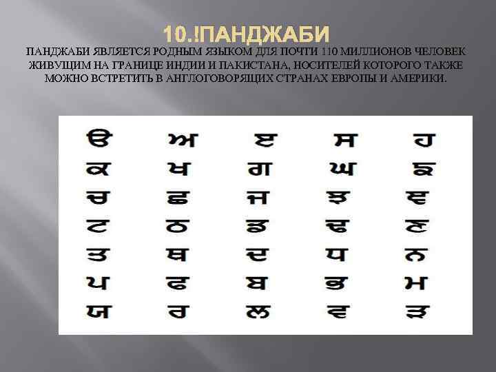10. ПАНДЖАБИ ЯВЛЯЕТСЯ РОДНЫМ ЯЗЫКОМ ДЛЯ ПОЧТИ 110 МИЛЛИОНОВ ЧЕЛОВЕК ЖИВУЩИМ НА ГРАНИЦЕ ИНДИИ