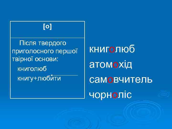 [о ] Після твердого приголосного першої твірної основи: книголюб книгу+любити книголюб атомохід самовчитель чорноліс