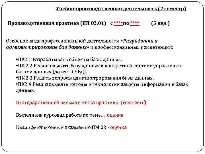 Учебно-производственная деятельность (7 семестр) Производственная практика (ПП 02. 01) с ****по **** (5 нед.
