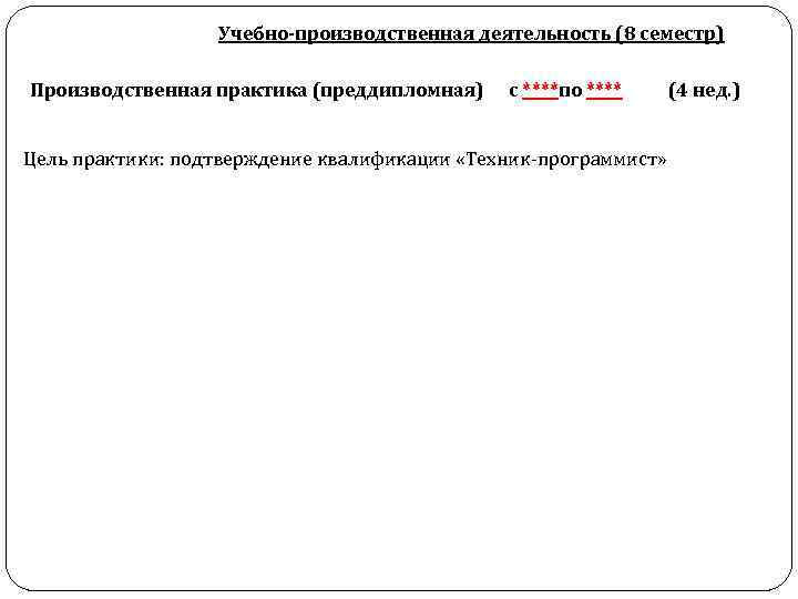 Учебно-производственная деятельность (8 семестр) Производственная практика (преддипломная) с ****по **** Цель практики: подтверждение квалификации