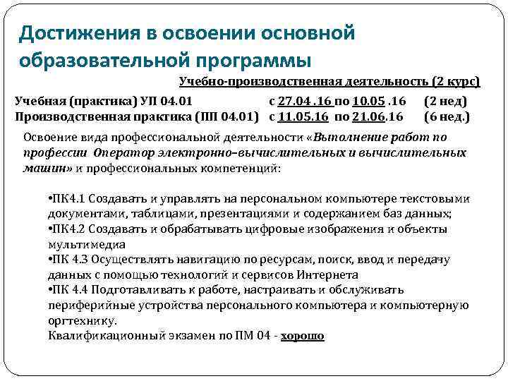 Достижения в освоении основной образовательной программы Учебно-производственная деятельность (2 курс) Учебная (практика) УП 04.