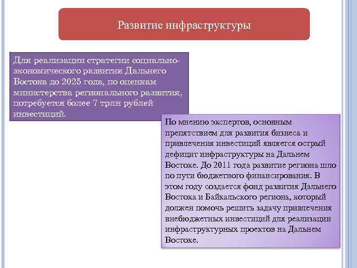 Развитие инфраструктуры Для реализации стратегии социальноэкономического развития Дальнего Востока до 2025 года, по оценкам