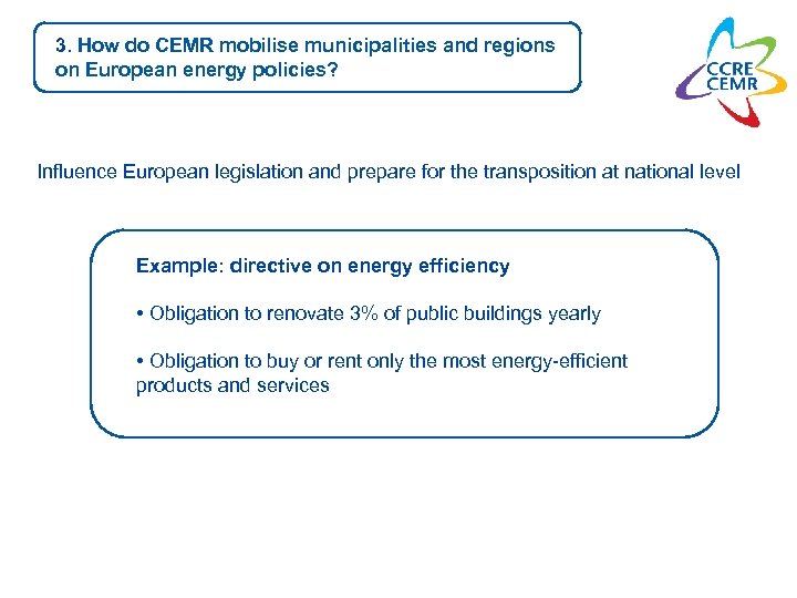 3. How do CEMR mobilise municipalities and regions on European energy policies? Influence European
