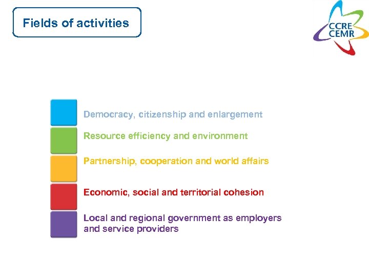 Fields of activities Democracy, citizenship and enlargement Resource efficiency and environment Partnership, cooperation and