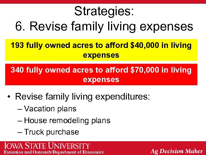 Strategies: 6. Revise family living expenses 193 fully owned acres to afford $40, 000