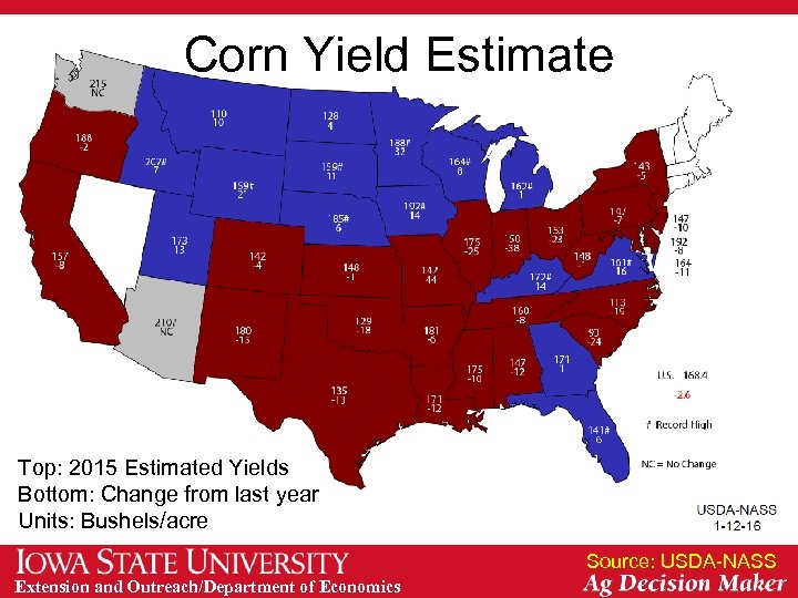 Corn Yield Estimate Top: 2015 Estimated Yields Bottom: Change from last year Units: Bushels/acre